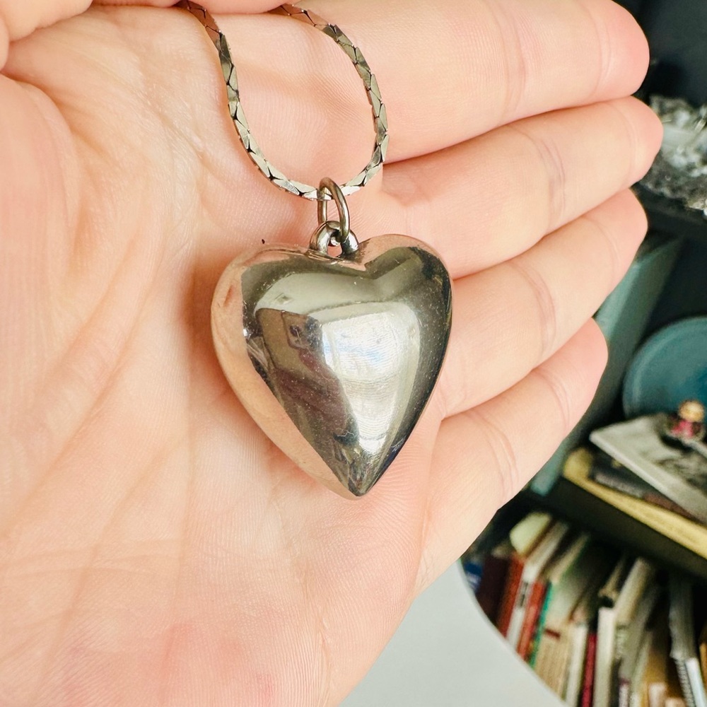 1.25” Bubble Heart Silver-Tone Pendant & Long 22” Chain Necklace - Picture 2 of 12
